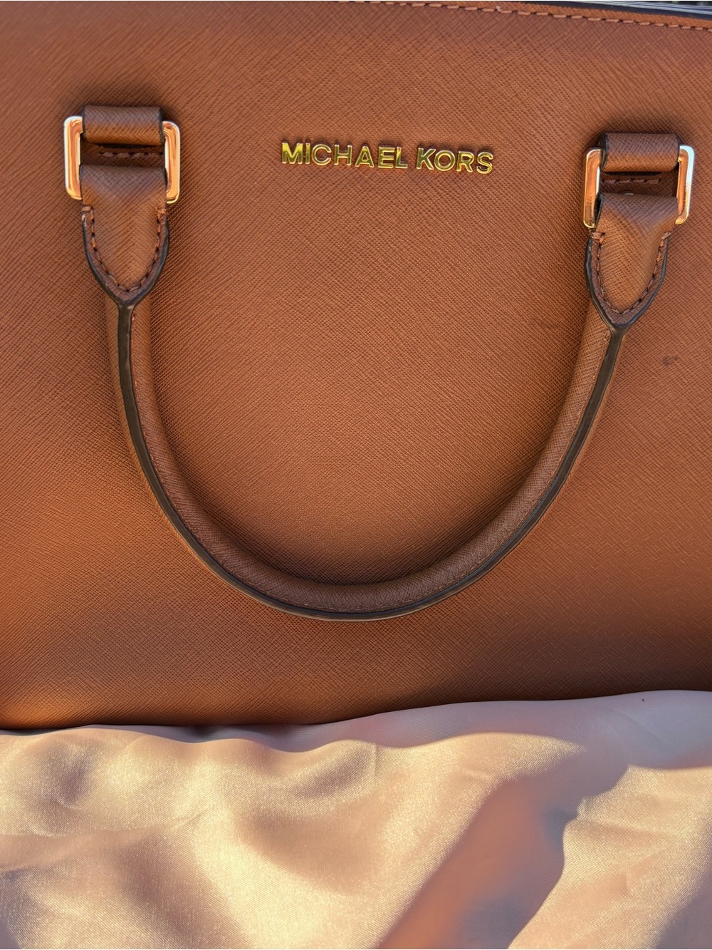 MICHAEL KORS Brown Leather Saffiano Satchel with Gold Hardware